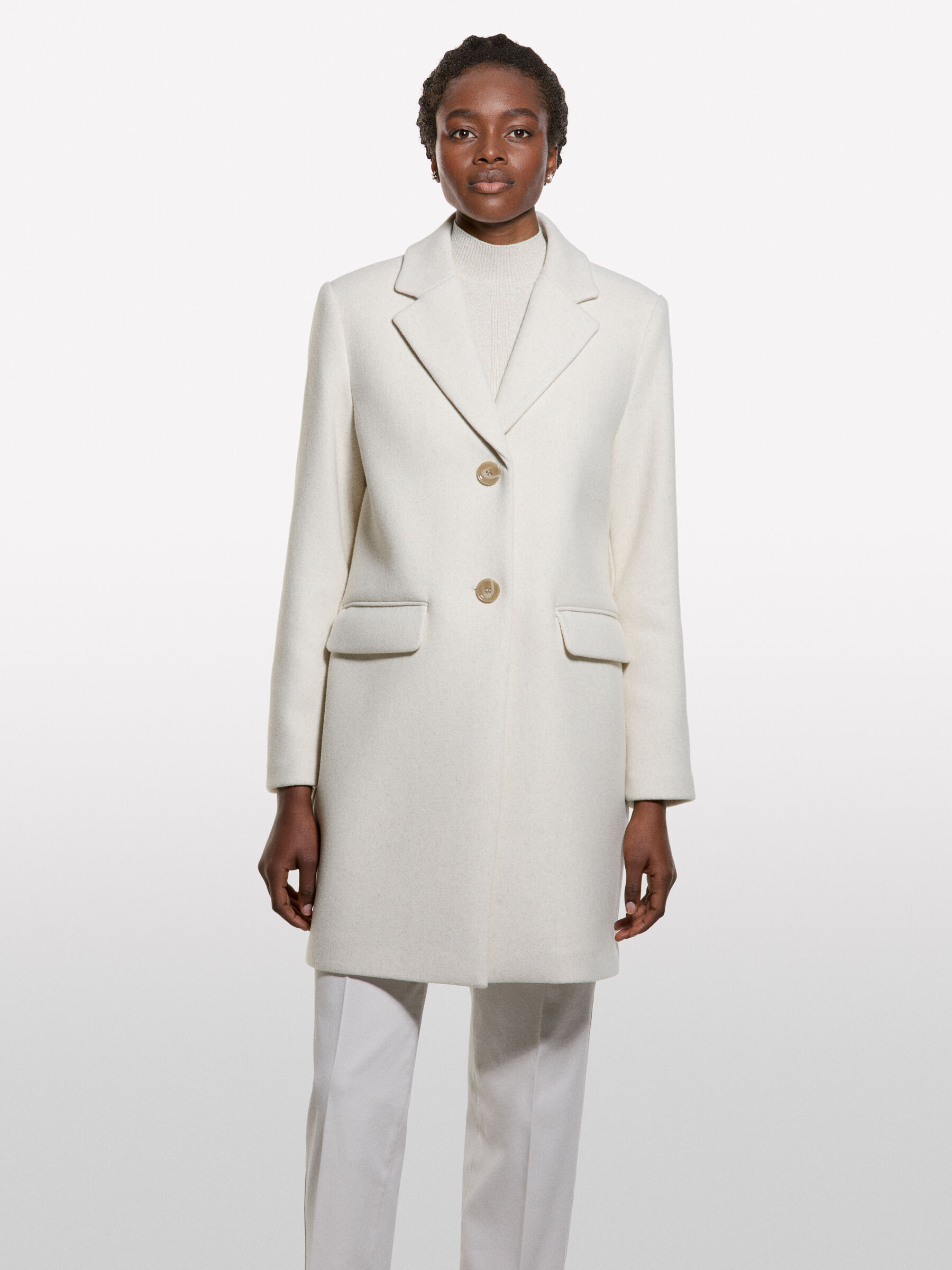 Cream white midi coat, Creamy White - Sisley