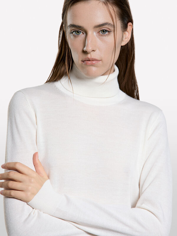 Cream white turtleneck in wool blend - women's high neck sweaters | Sisley