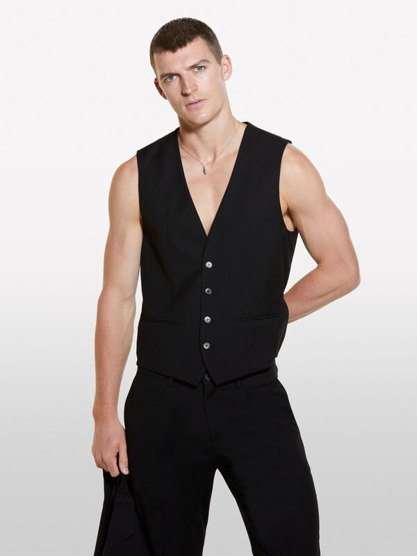 Black slim fit formal waistcoat - men's sleeveless tops and vests | Sisley