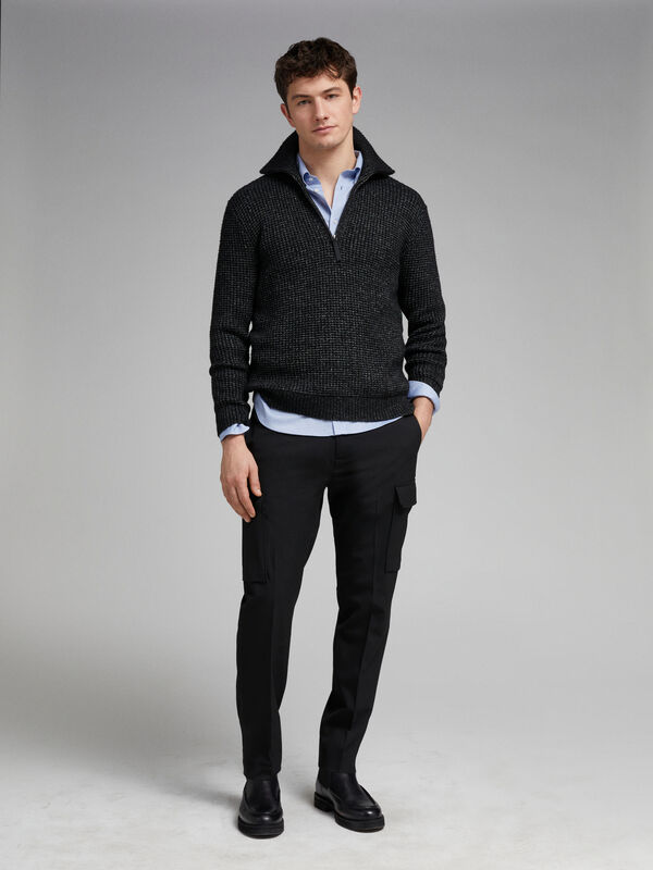 Dark gray sweater with zipper - men's high neck sweaters | Sisley
