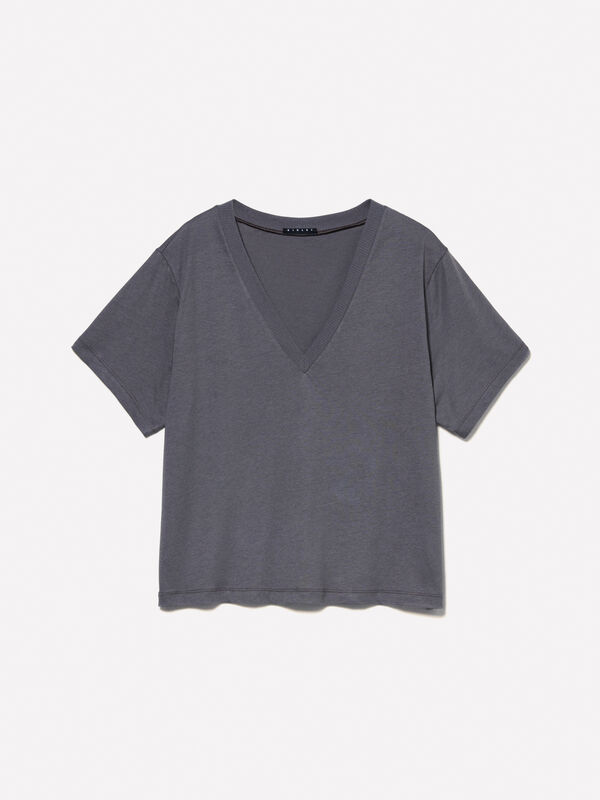 Dark gray t-shirt with V-neck - women's short sleeve t-shirts | Sisley
