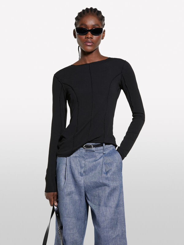 Black t-shirt with seams - women's long sleeve t-shirts | Sisley
