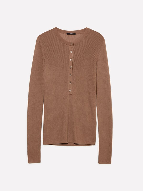 Brown Henley top - women's crew neck sweaters | Sisley