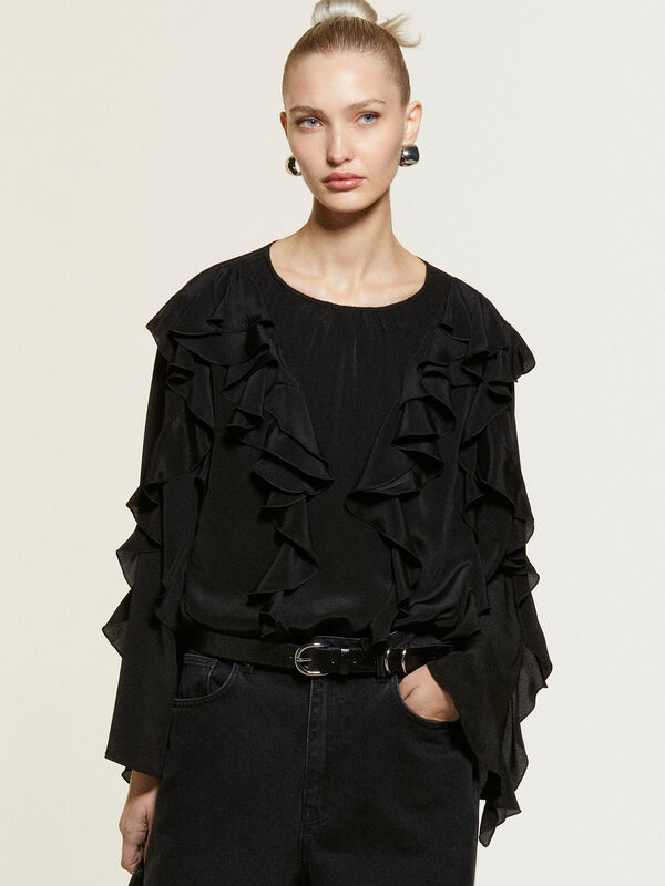 Black blouse with rouches - women's blouses | Sisley