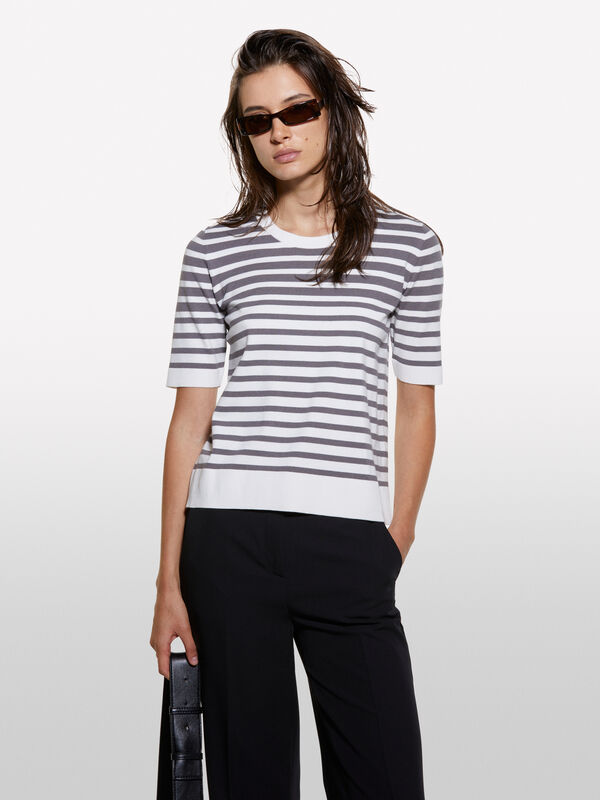 White and gray striped sweater - women's crew neck sweaters | Sisley