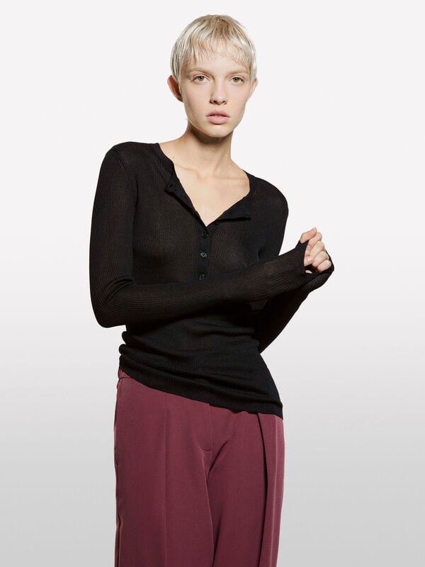 Black Henley top - women's crew neck sweaters | Sisley