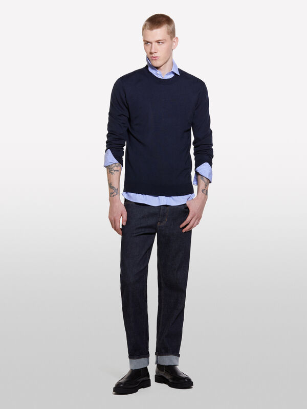 Dark blue sweater in wool blend - men's crew neck sweaters | Sisley