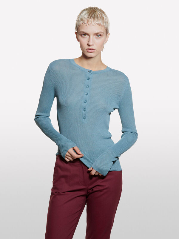 Powder blue Henley top - women's crew neck sweaters | Sisley