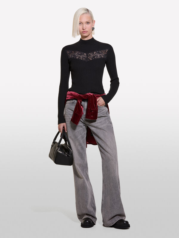 Black turtleneck sweater with lace - women's high neck sweaters | Sisley