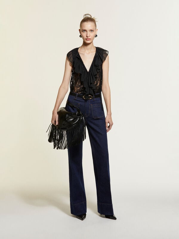 Black lace top with jabot - women's tops | Sisley