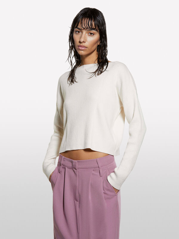 Cream white sweater with boat neck - women's boat neck sweaters | Sisley
