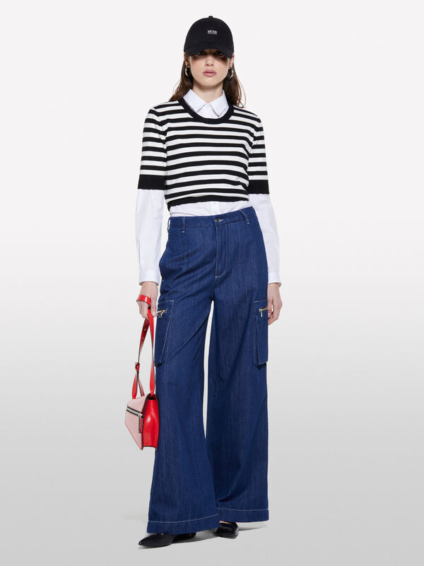Cream white and black striped sweater - women's crew neck sweaters | Sisley