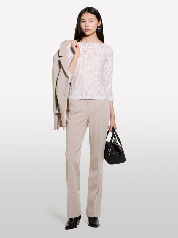 Cream white t-shirt in fil coupé - women's tops | Sisley