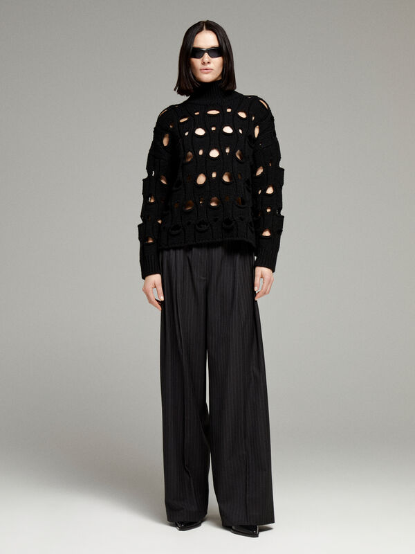Black open-knit sweater  - women's high neck sweaters | Sisley