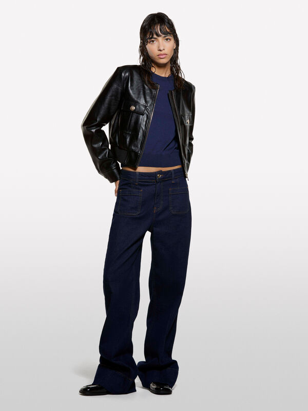 Navy blue sweater with short sleeves - women's crew neck sweaters | Sisley