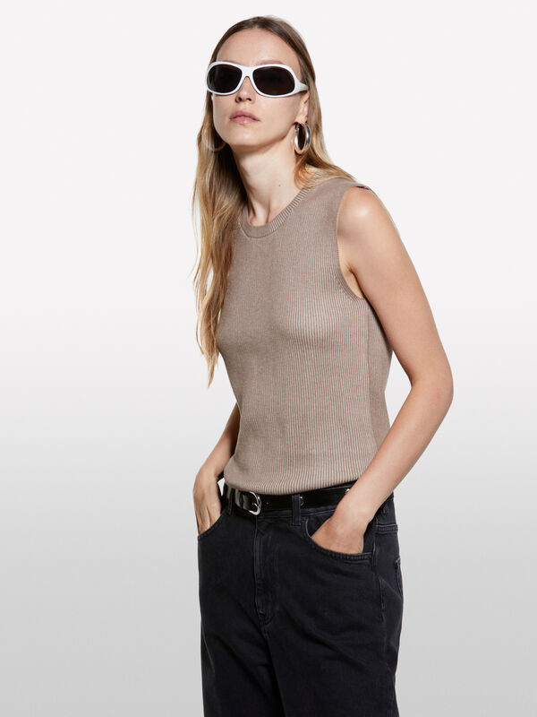 Beige knit vest - women's crew neck sweaters | Sisley