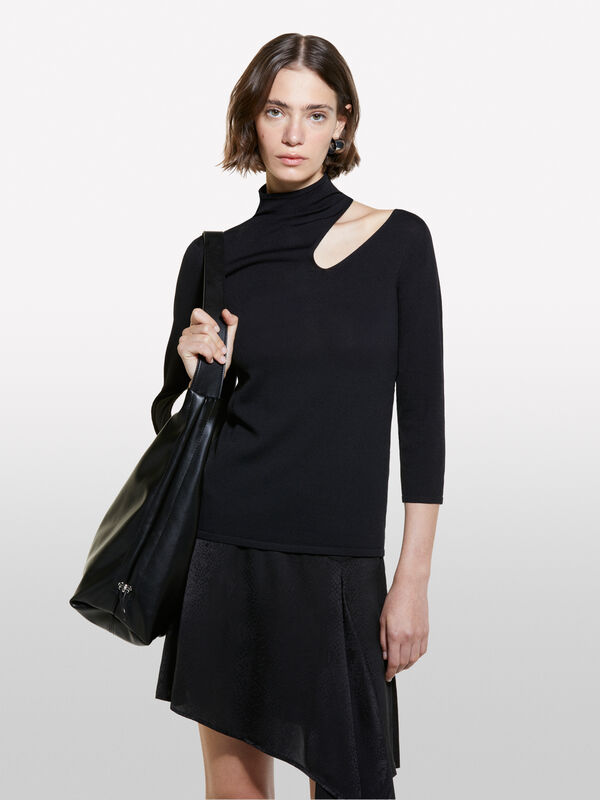 Black sweater with opening - women's high neck sweaters | Sisley