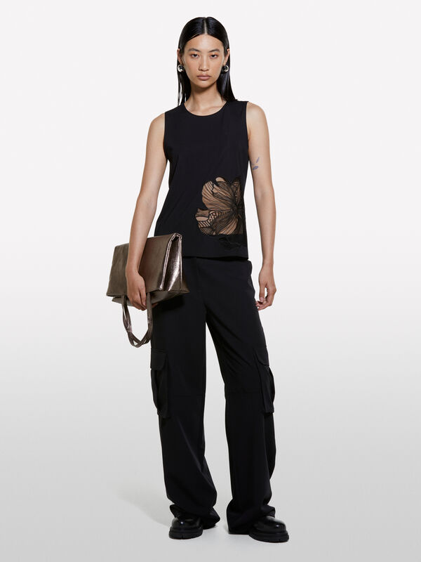 Black tip with floral embroidery - women's tops | Sisley