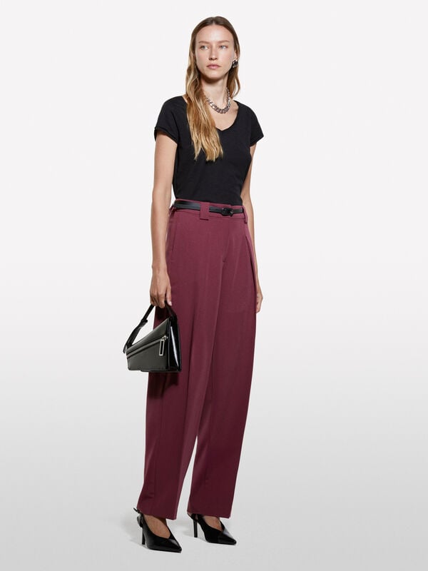 Burgundy palazzo trousers with creases - women's palazzo trousers | Sisley