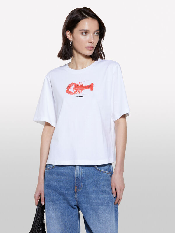 White t-shirt with lobster print - women's short sleeve t-shirts | Sisley