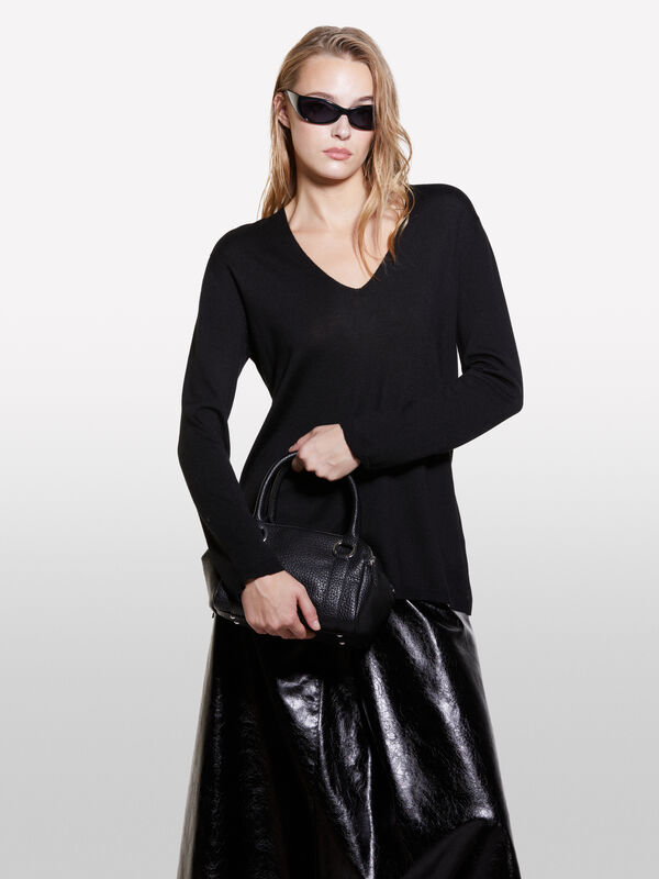 Black oversized fit sweater with plunging neckline - women's v-neck sweaters | Sisley