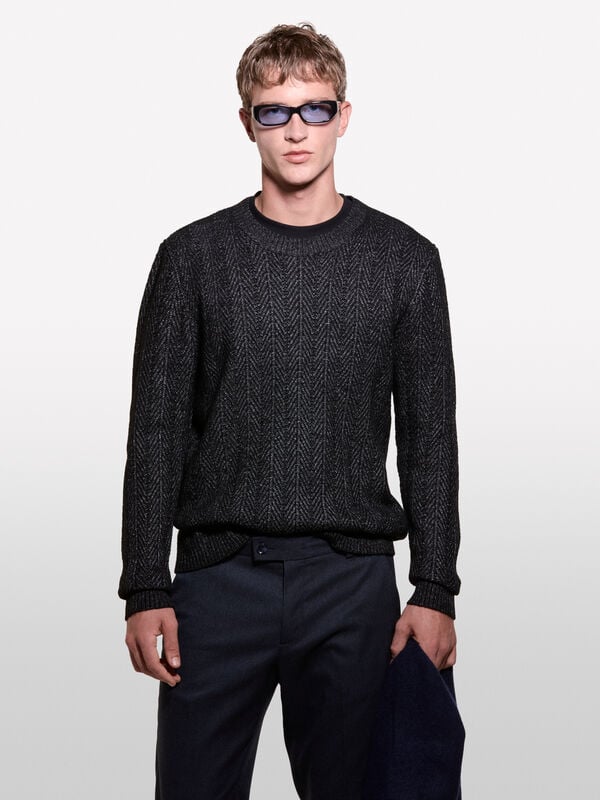 Dark blue herringbone sweater - men's crew neck sweaters | Sisley