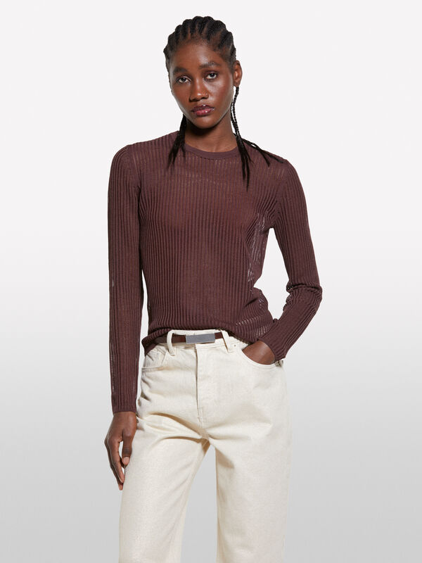 Brown semi-transparent sweater - women's crew neck sweaters | Sisley