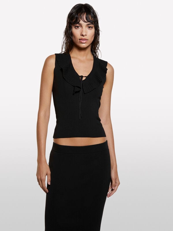 Black knit top with rouches - women's tops | Sisley