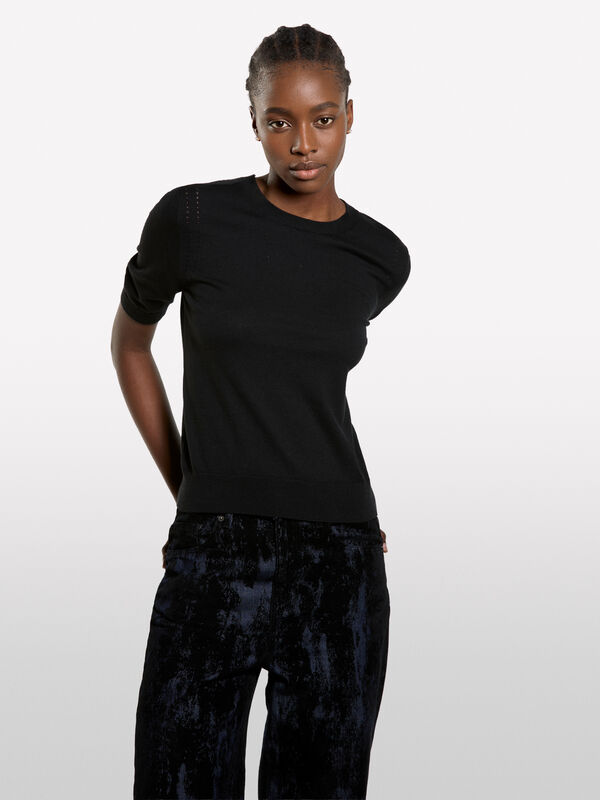 Black sweater with short sleeves - women's crew neck sweaters | Sisley