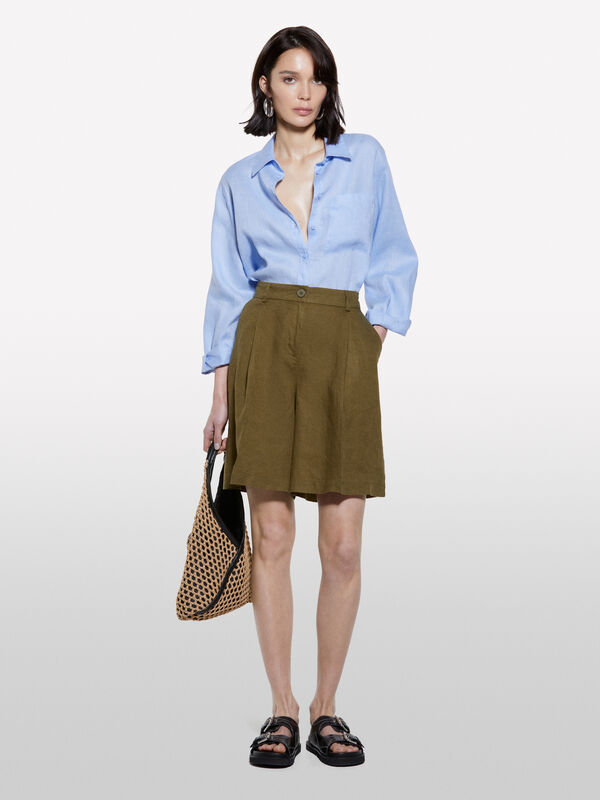 Military green bermudas in 100% linen - women's shorts | Sisley