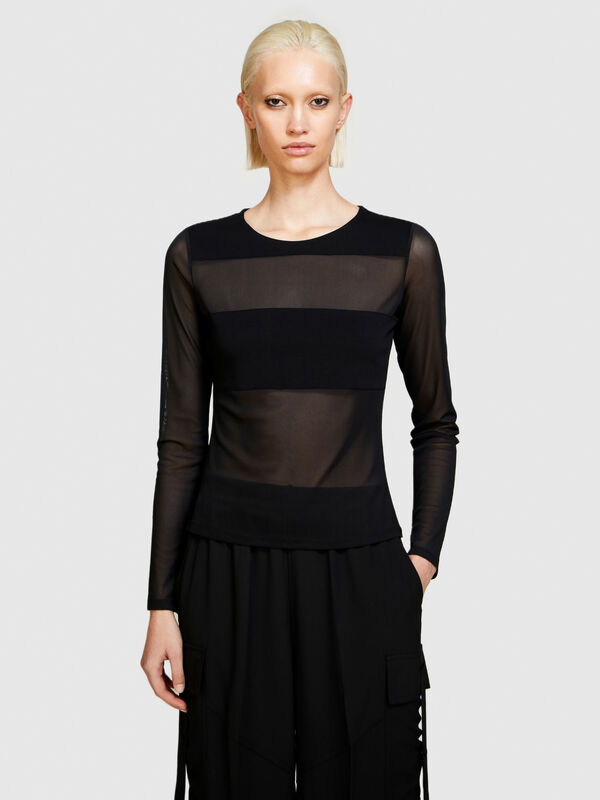T-shirt with tulle sleeves - women's long sleeve t-shirts | Sisley