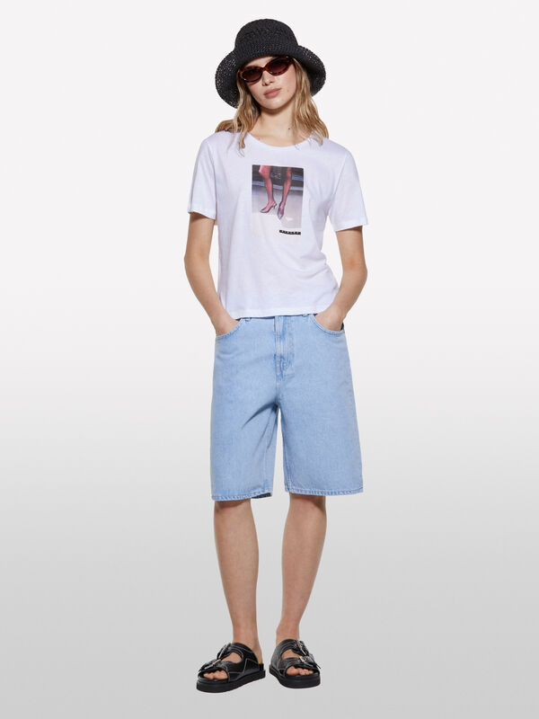 White t-shirt with photographic print - women's short sleeve t-shirts | Sisley