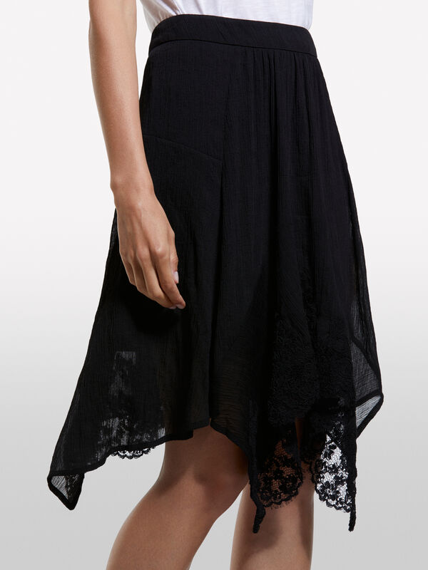 Black uneven skirt in lace and chiffon - women's midi skirts | Sisley