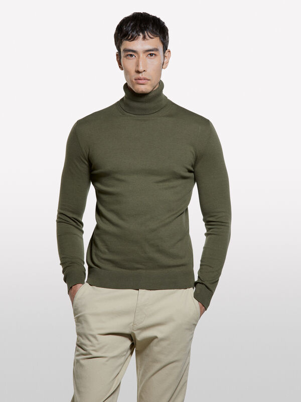 Olive green sweater with high neck - men's high neck sweaters | Sisley