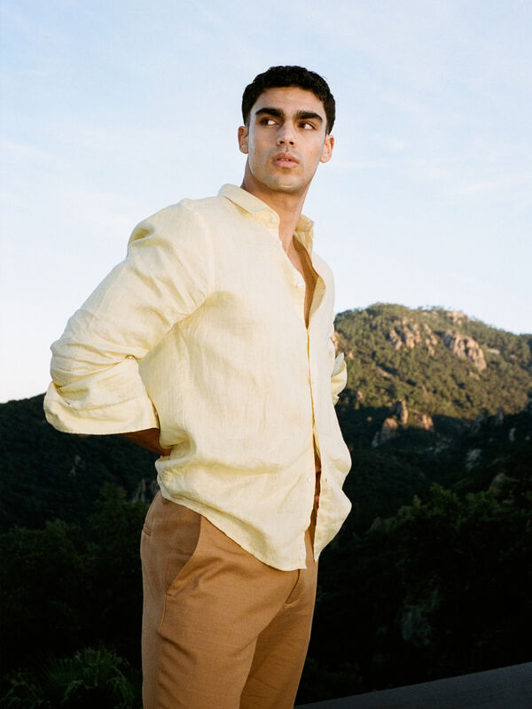 Yellow 100% linen shirt - men's regular fit shirts | Sisley