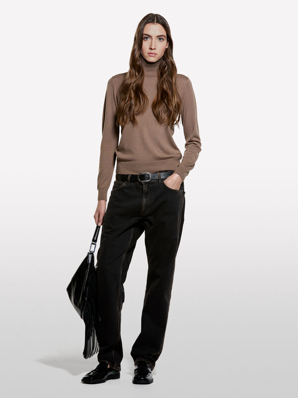 Brown turtleneck wool blend - women's high neck sweaters | Sisley