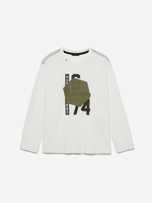 White t-shirt with embossed print - boys' long sleeve t-shirts | Sisley Young