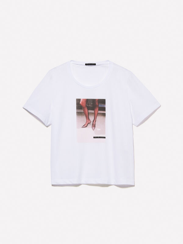 White t-shirt with photographic print - women's short sleeve t-shirts | Sisley