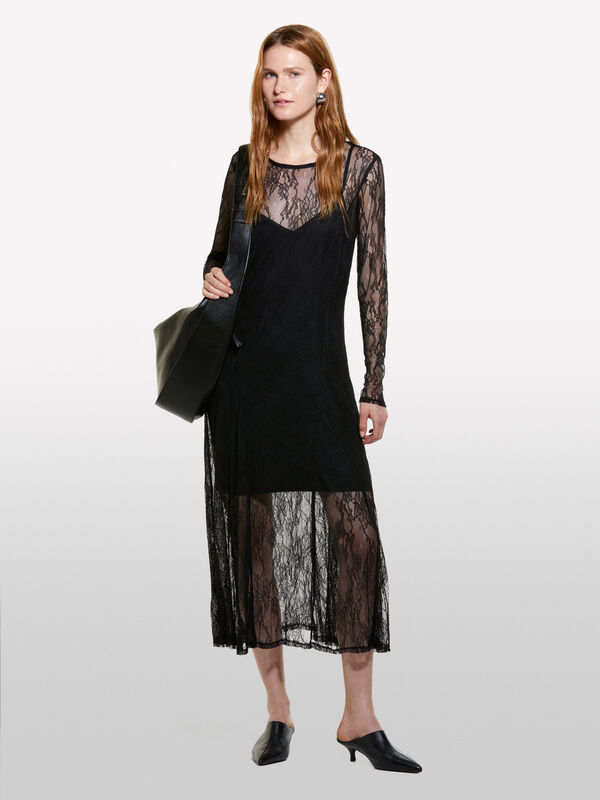 Black midi dress in lace - women's midi dresses | Sisley