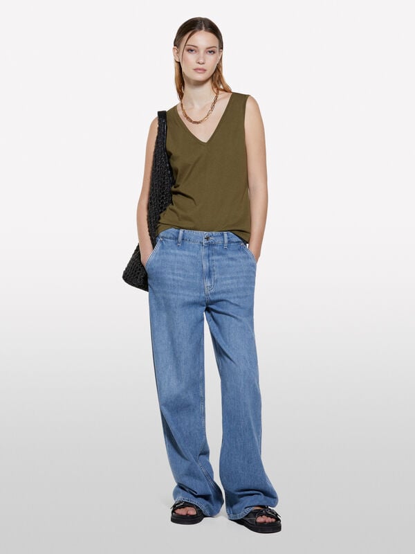 Military green tank top with V-neck - women's tops | Sisley