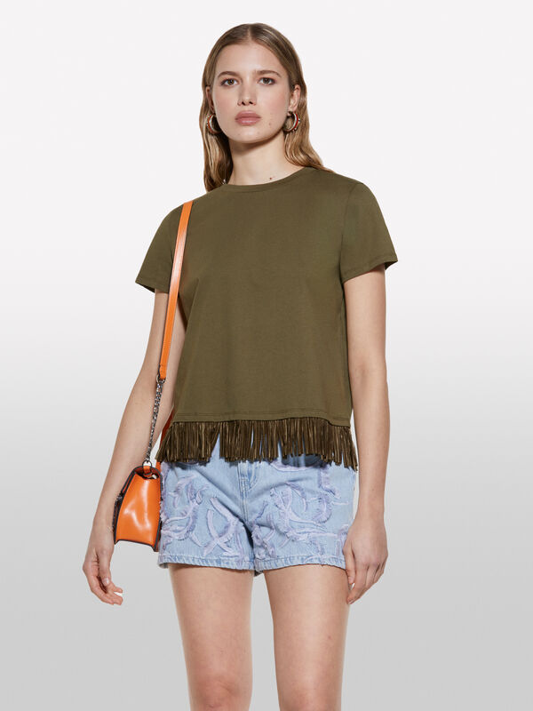 Military green t-shirt with frayed bottom - women's short sleeve t-shirts | Sisley