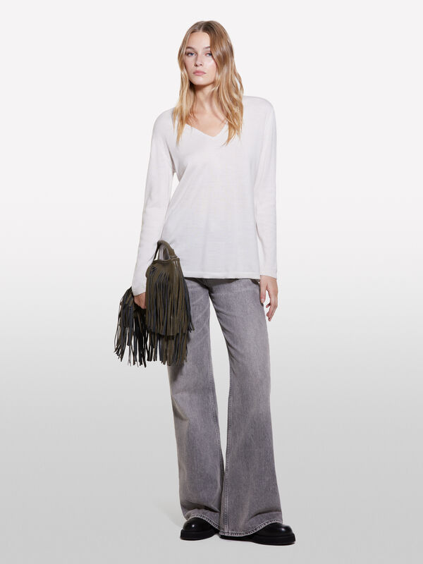 Cream white oversized fit sweater with plunging neck - women's v-neck sweaters | Sisley