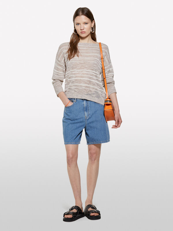 Beige striped sweater with lurex - women's boat neck sweaters | Sisley