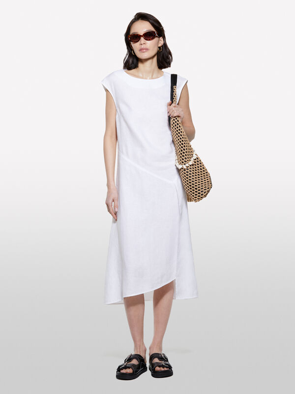 White dress in 100% linen - women's midi dresses | Sisley