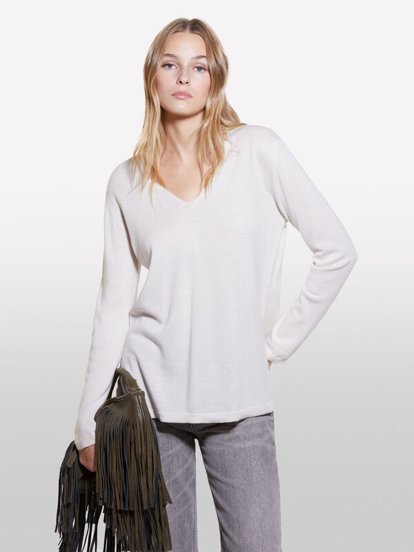 Cream white oversized fit sweater with plunging neck - women's v-neck sweaters | Sisley
