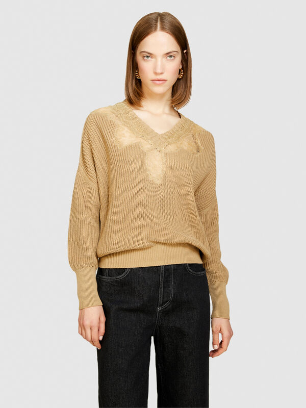 Top with lace - women's v-neck sweaters | Sisley