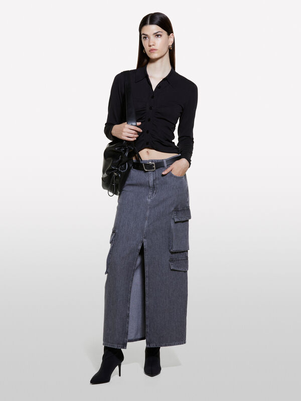 Black denim skirt with slit - women's long skirts | Sisley