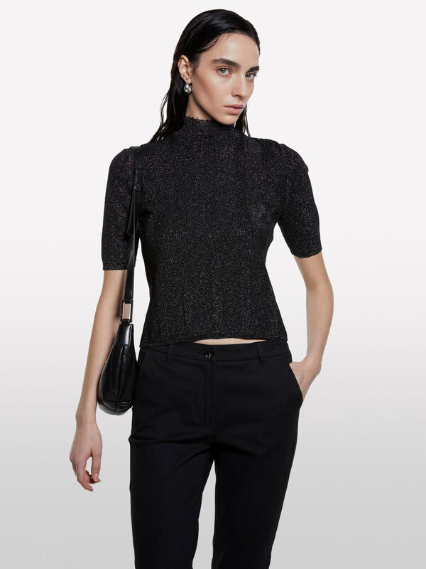 Black sweater with lurex inserts - women's high neck sweaters | Sisley