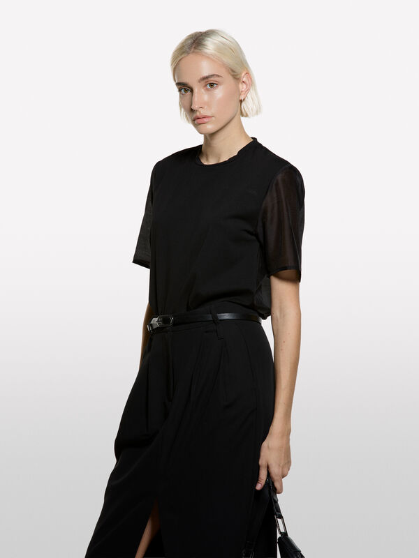 Black t-shirt with sheer features - women's short sleeve t-shirts | Sisley