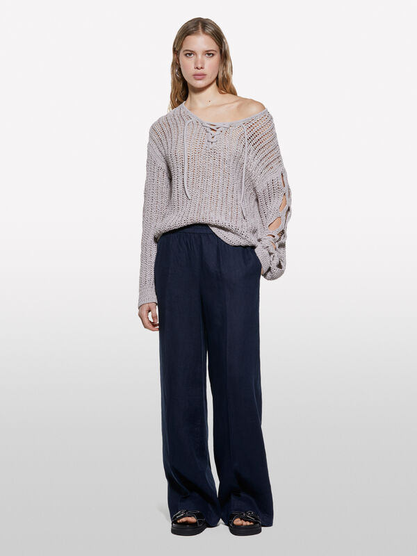 Dark blue flare fit trousers in 100% linen - women's palazzo trousers | Sisley